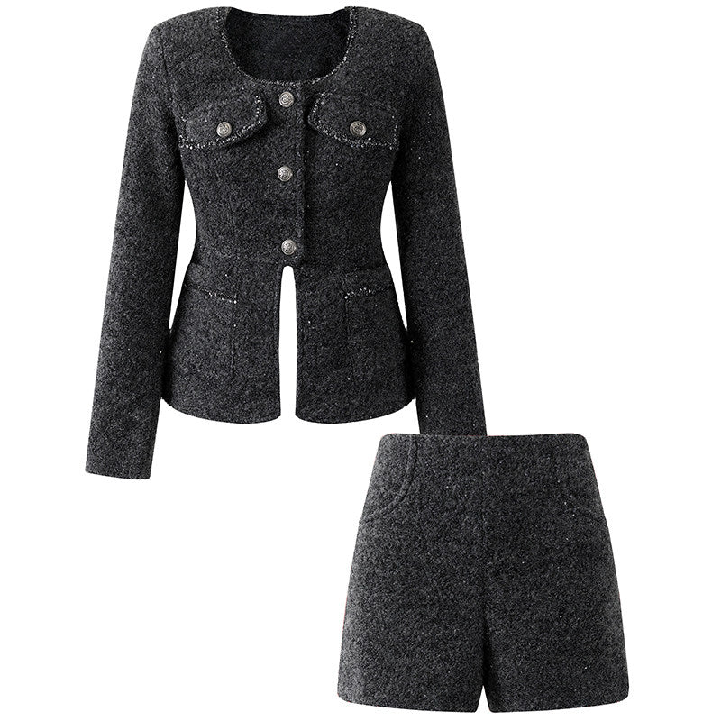 Vintage Charcoal Tweed Cropped Jacket Sheath High-Waist Tweed Mini Skirt Chic Silver Button Accents Pockets Two Piece Short Dress AP6571