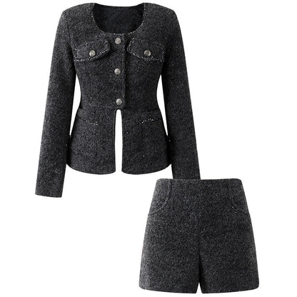 Vintage Charcoal Tweed Cropped Jacket Sheath High-Waist Tweed Mini Skirt Chic Silver Button Accents Pockets Two Piece Short Dress AP6571