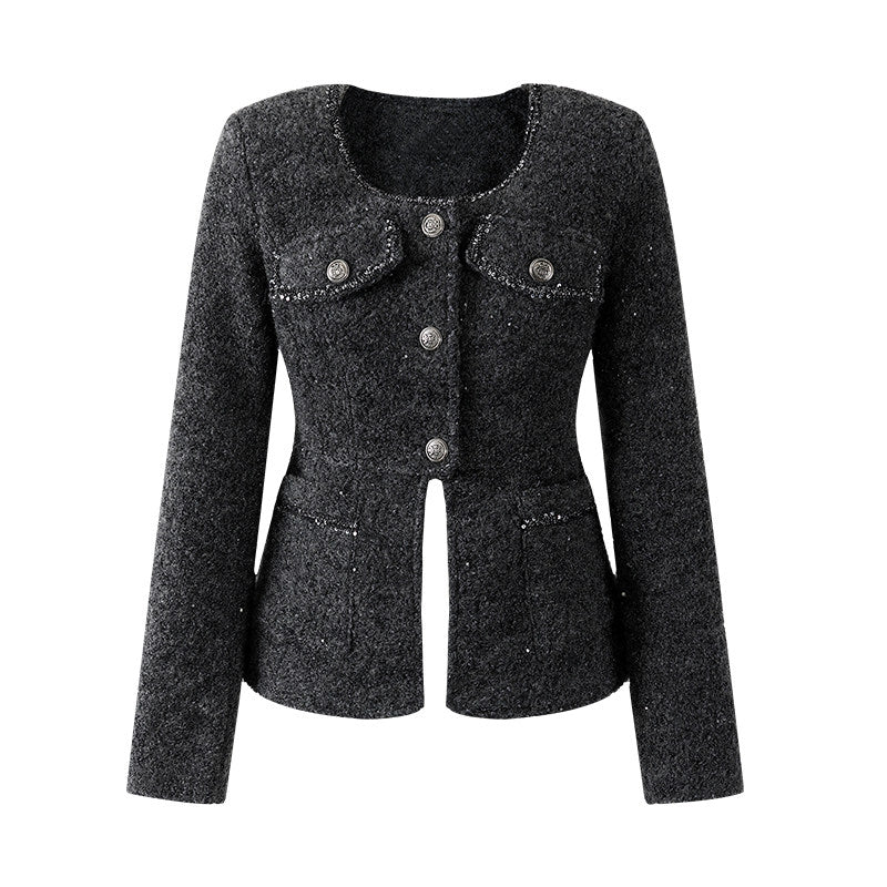 Vintage Charcoal Tweed Cropped Jacket Sheath High-Waist Tweed Mini Skirt Chic Silver Button Accents Pockets Two Piece Short Dress AP6571