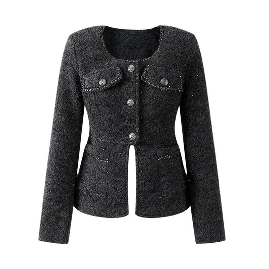 Vintage Charcoal Tweed Cropped Jacket Sheath High-Waist Tweed Mini Skirt Chic Silver Button Accents Pockets Two Piece Short Dress AP6571