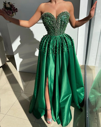 Glam Prom Dress Slit A-Line Strapless Beading Evening Dress AP6577