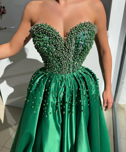 Glam Prom Dress Slit A-Line Strapless Beading Evening Dress AP6577
