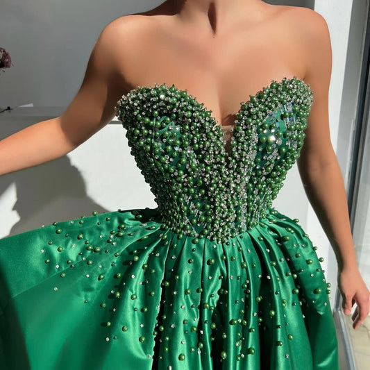 Glam Prom Dress Slit A-Line Strapless Beading Evening Dress AP6577