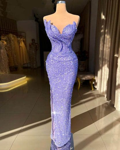 Sheen Prom Dress Sheath Strapless Sequins High Slit Purple Evening Dress AP6579