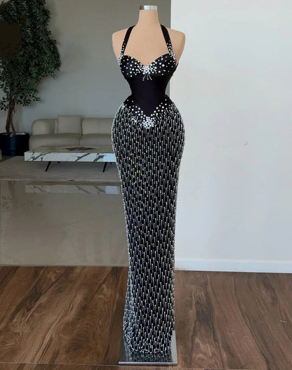 Stunning Prom Dress Sheath Halter Neck Beads Black Evening Dress AP6580