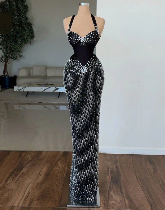 Stunning Prom Dress Sheath Halter Neck Beads Black Evening Dress AP6580