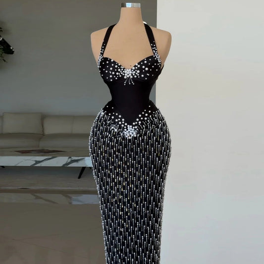 Stunning Prom Dress Sheath Halter Neck Beads Black Evening Dress AP6580