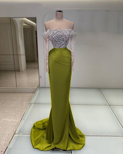 Vibrant Prom Dress Off-Shoulder Beading Long Sleeve Evening Mermaid Dress AP6583