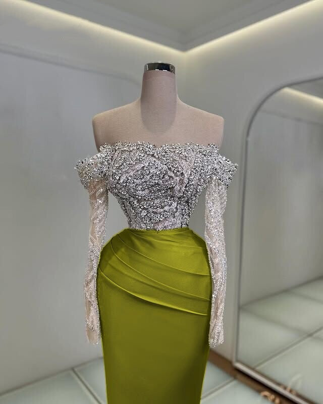 Vibrant Prom Dress Off-Shoulder Beading Long Sleeve Evening Mermaid Dress AP6583