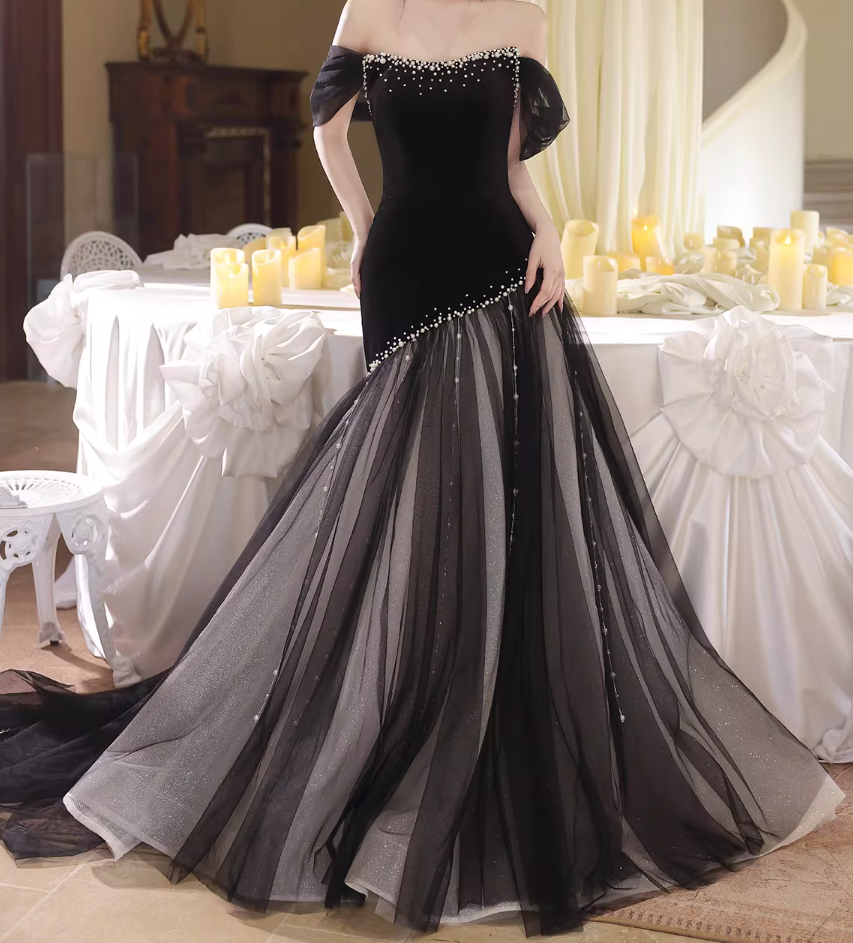 Voluminous Black Prom Dress Off-Shoulder Mermaid Evening Dress Pearls Sweet 16th Dresses AP6586