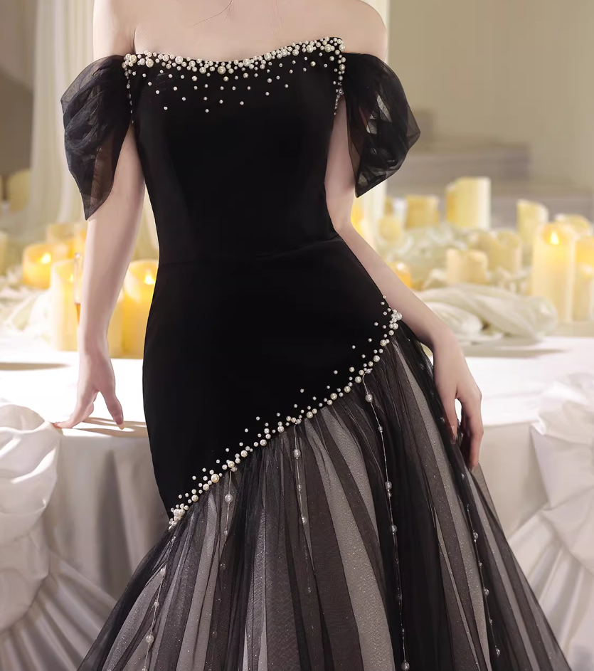 Voluminous Black Prom Dress Off-Shoulder Mermaid Evening Dress Pearls Sweet 16th Dresses AP6586
