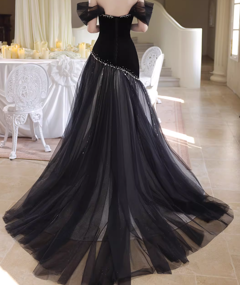 Voluminous Black Prom Dress Off-Shoulder Mermaid Evening Dress Pearls Sweet 16th Dresses AP6586