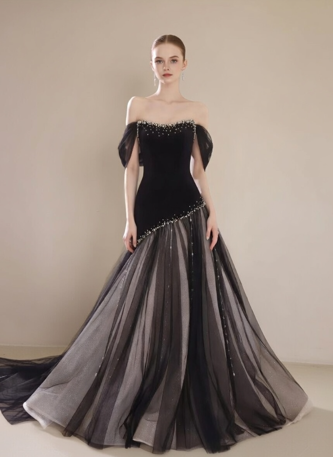 Voluminous Black Prom Dress Off-Shoulder Mermaid Evening Dress Pearls Sweet 16th Dresses AP6586