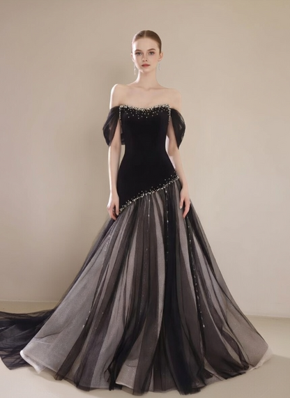 Voluminous Black Prom Dress Off-Shoulder Mermaid Evening Dress Pearls Sweet 16th Dresses AP6586
