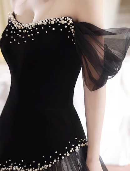 Voluminous Black Prom Dress Off-Shoulder Mermaid Evening Dress Pearls Sweet 16th Dresses AP6586