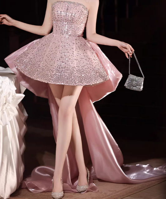 Minimalist Homecoming Dress A-Line Strapless Sequins Pink Birthday Dresses AP6587