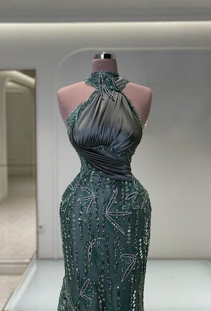 Charming Prom Dress Mermaid Halter Neck Sequins Beading Evening Dress AP6588