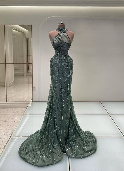 Charming Prom Dress Mermaid Halter Neck Sequins Beading Evening Dress AP6588