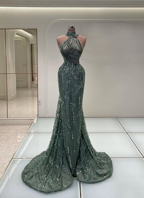 Charming Prom Dress Mermaid Halter Neck Sequins Beading Evening Dress AP6588