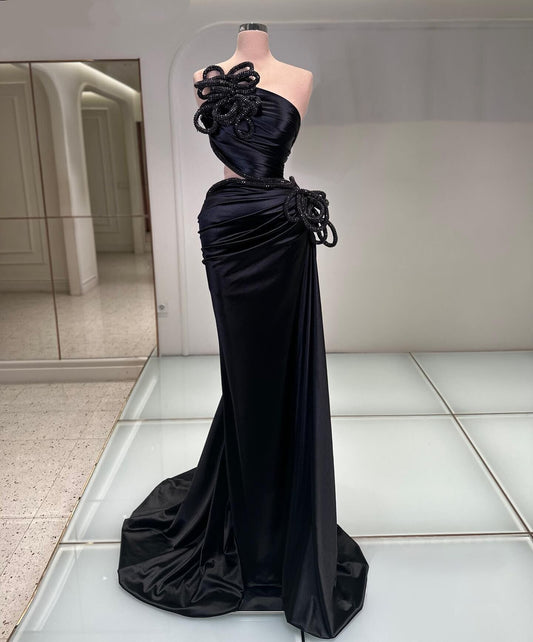 Simple Black Prom Dress Sheath Strapless Floral Evening Dress AP6589