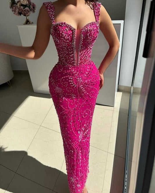 Dopamine Style Prom Dress Spaghetti Straps Sheath Sequins Beading Evening Dresses AP6590