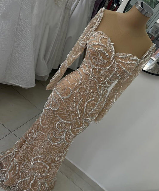 Sparkly Prom Dress Sweetheart Neck Mermaid Evening Dress Long Sleeve Beading Sequins Long Dress AP6591