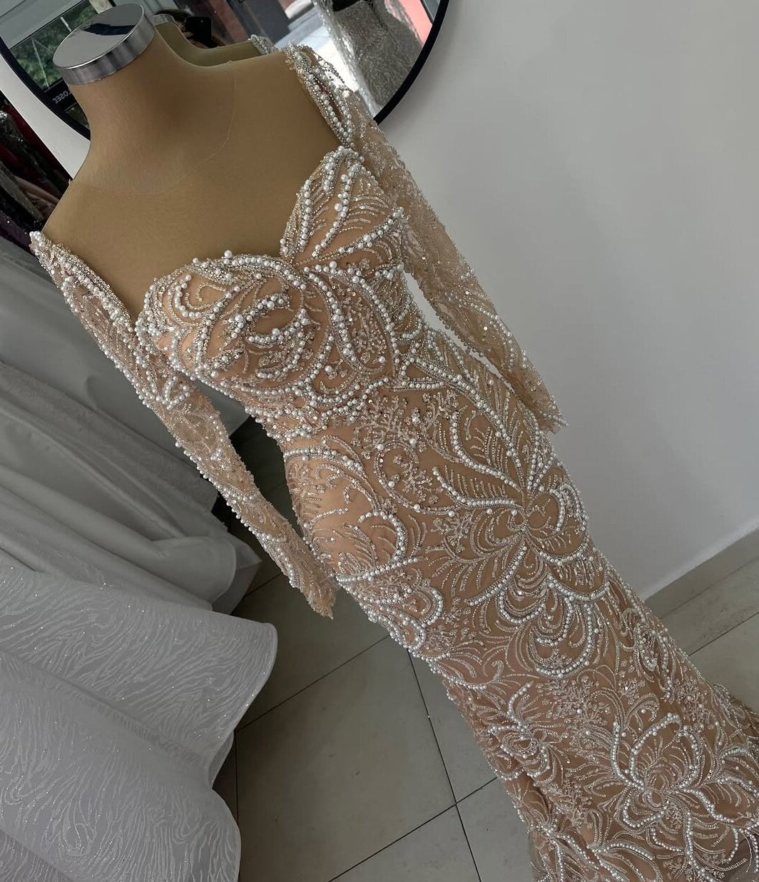 Sparkly Prom Dress Sweetheart Neck Mermaid Evening Dress Long Sleeve Beading Sequins Long Dress AP6591
