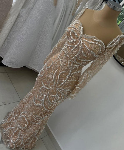 Sparkly Prom Dress Sweetheart Neck Mermaid Evening Dress Long Sleeve Beading Sequins Long Dress AP6591