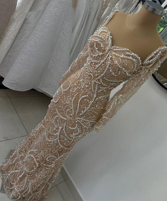 Sparkly Prom Dress Sweetheart Neck Mermaid Evening Dress Long Sleeve Beading Sequins Long Dress AP6591