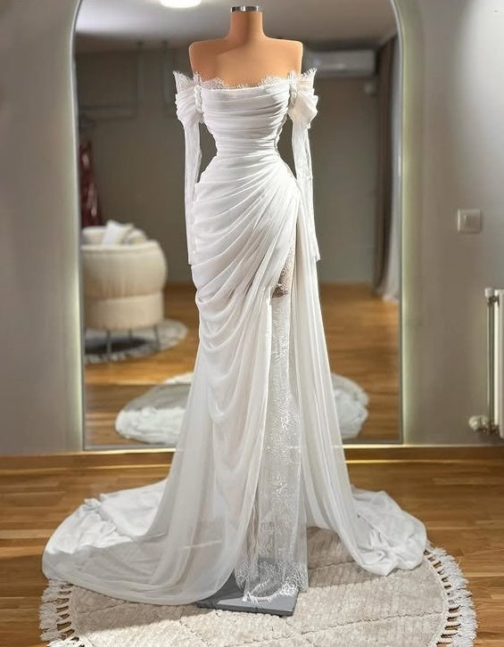 Lace Wedding Dress Off-Shoulder Sheath Long Sleeve Bridal Dress AP6593