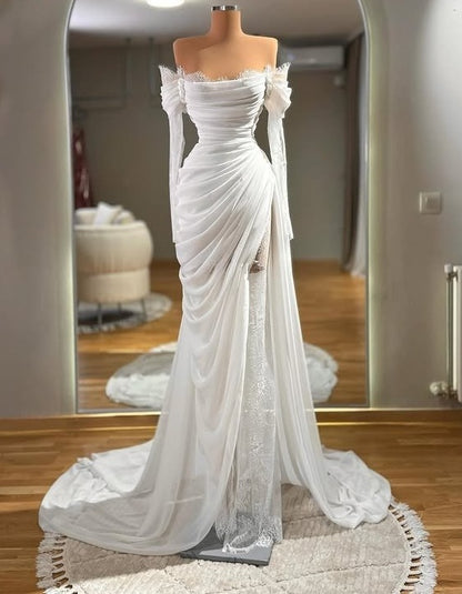 Lace Wedding Dress Off-Shoulder Sheath Long Sleeve Bridal Dress AP6593