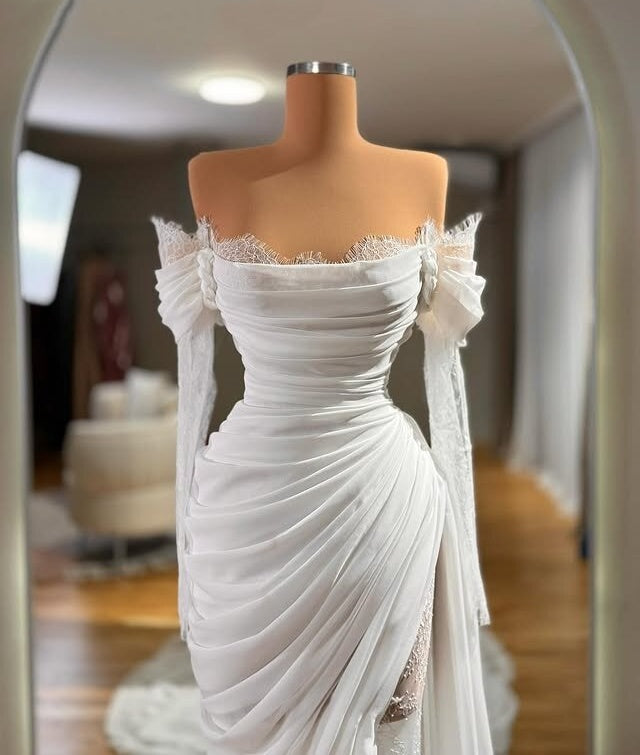 Lace Wedding Dress Off-Shoulder Sheath Long Sleeve Bridal Dress AP6593