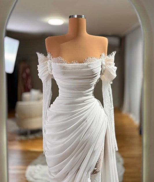 Lace Wedding Dress Off-Shoulder Sheath Long Sleeve Bridal Dress AP6593