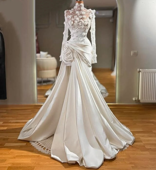 Bling Wedding Dress High Collar A-Line Long Sleeve Appliques Sequins Bridal Gowns AP6595