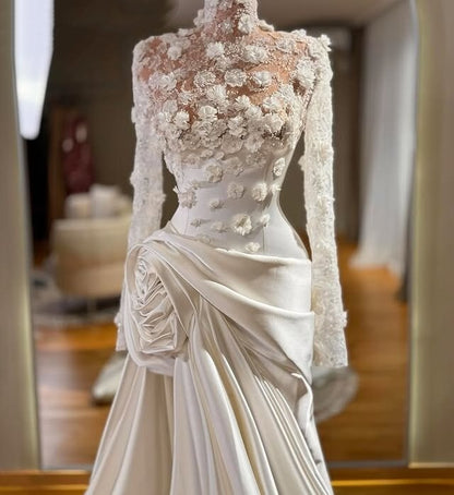 Bling Wedding Dress High Collar A-Line Long Sleeve Appliques Sequins Bridal Gowns AP6595