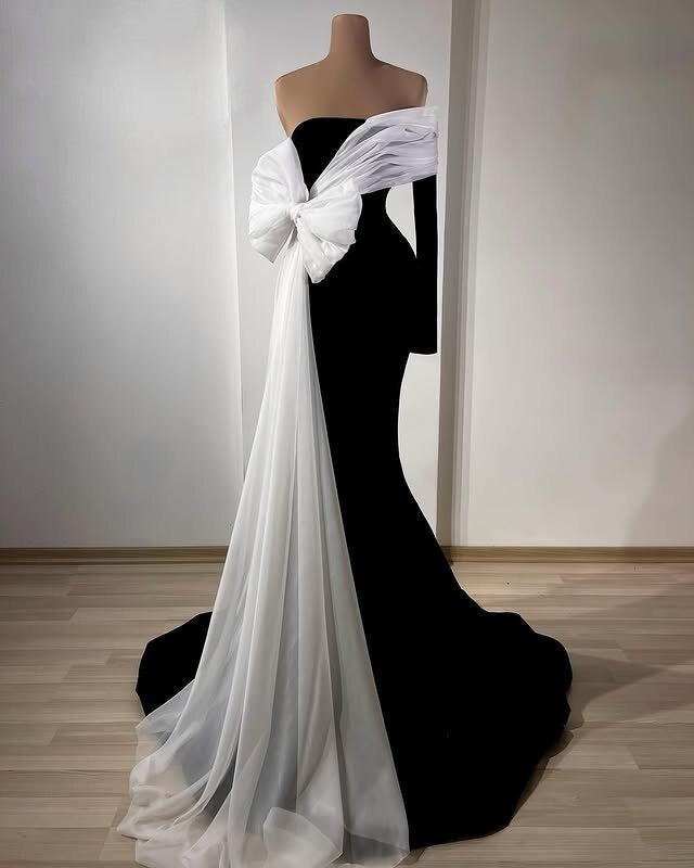 Fitted Prom Dress One Shoulder Black Mermaid Evening Dress Long Sleeve Bow Long Dress AP6596