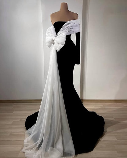 Fitted Prom Dress One Shoulder Black Mermaid Evening Dress Long Sleeve Bow Long Dress AP6596
