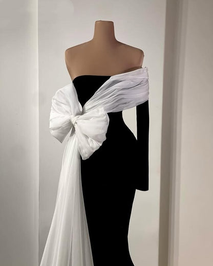 Fitted Prom Dress One Shoulder Black Mermaid Evening Dress Long Sleeve Bow Long Dress AP6596