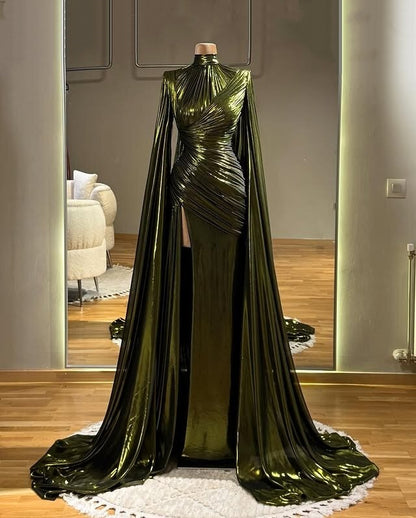 Attractive Prom Dress High Collar Long Sleeve Sheath Slit Evening Dress AP6599