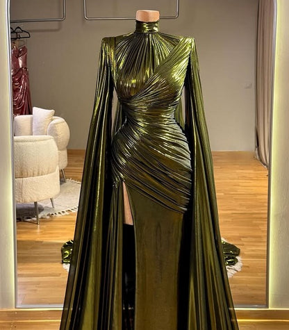 Attractive Prom Dress High Collar Long Sleeve Sheath Slit Evening Dress AP6599