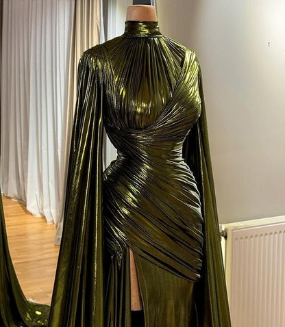 Attractive Prom Dress High Collar Long Sleeve Sheath Slit Evening Dress AP6599