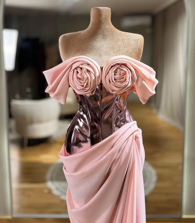 Playful Prom Dress Off-Shoulder Sheath Handmade Flowers Evening Dress AP6600