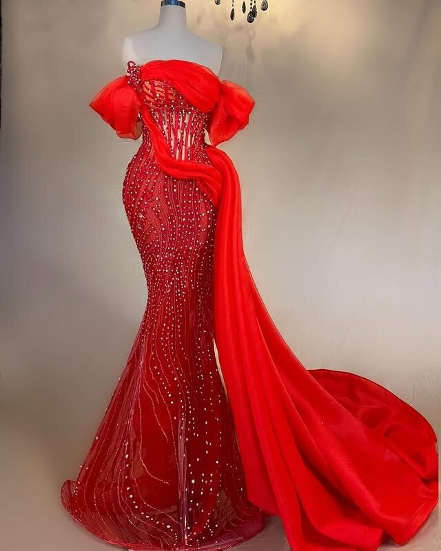 Glittering Prom Dress Off-Shoulder Beading Red Mermaid Evening Dress AP6603