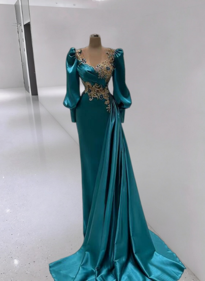 Fancy Prom Dress Illusion Neck Long Sleeve Sheath Appliques Evening Dress AP6607
