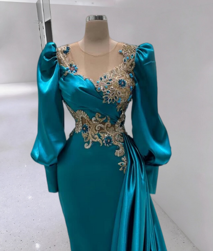 Fancy Prom Dress Illusion Neck Long Sleeve Sheath Appliques Evening Dress AP6607