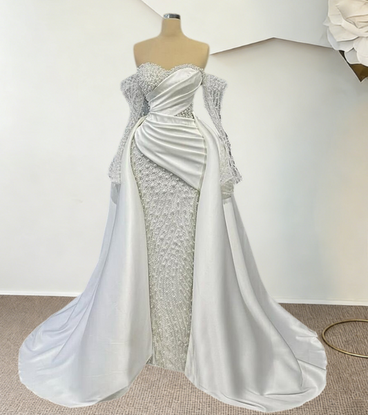 Delicate Wedding Dress A-Line Off-Shoulder Long Sleeve Beading Satin Bridal Gowns AP6608