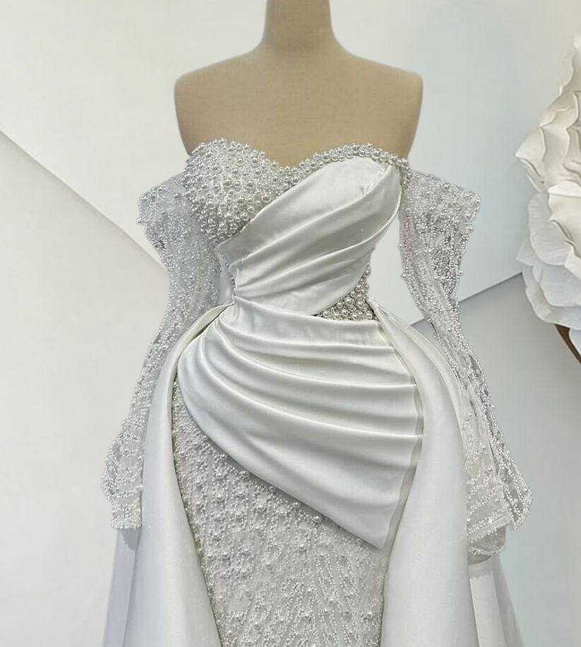 Delicate Wedding Dress A-Line Off-Shoulder Long Sleeve Beading Satin Bridal Gowns AP6608