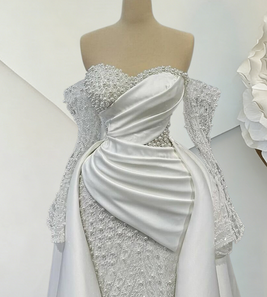 Delicate Wedding Dress A-Line Off-Shoulder Long Sleeve Beading Satin Bridal Gowns AP6608