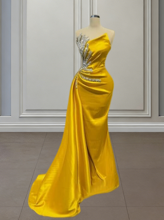 Hot Girls Prom Dress Strapless Mermaid Beading Yellow Evening Dress AP6609