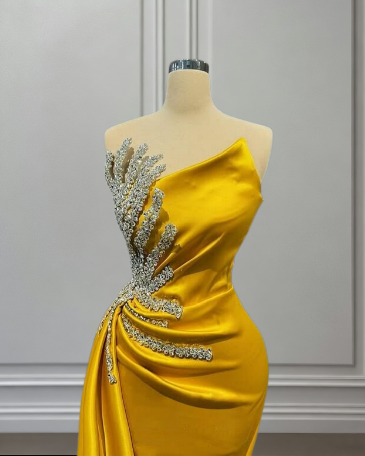 Hot Girls Prom Dress Strapless Mermaid Beading Yellow Evening Dress AP6609